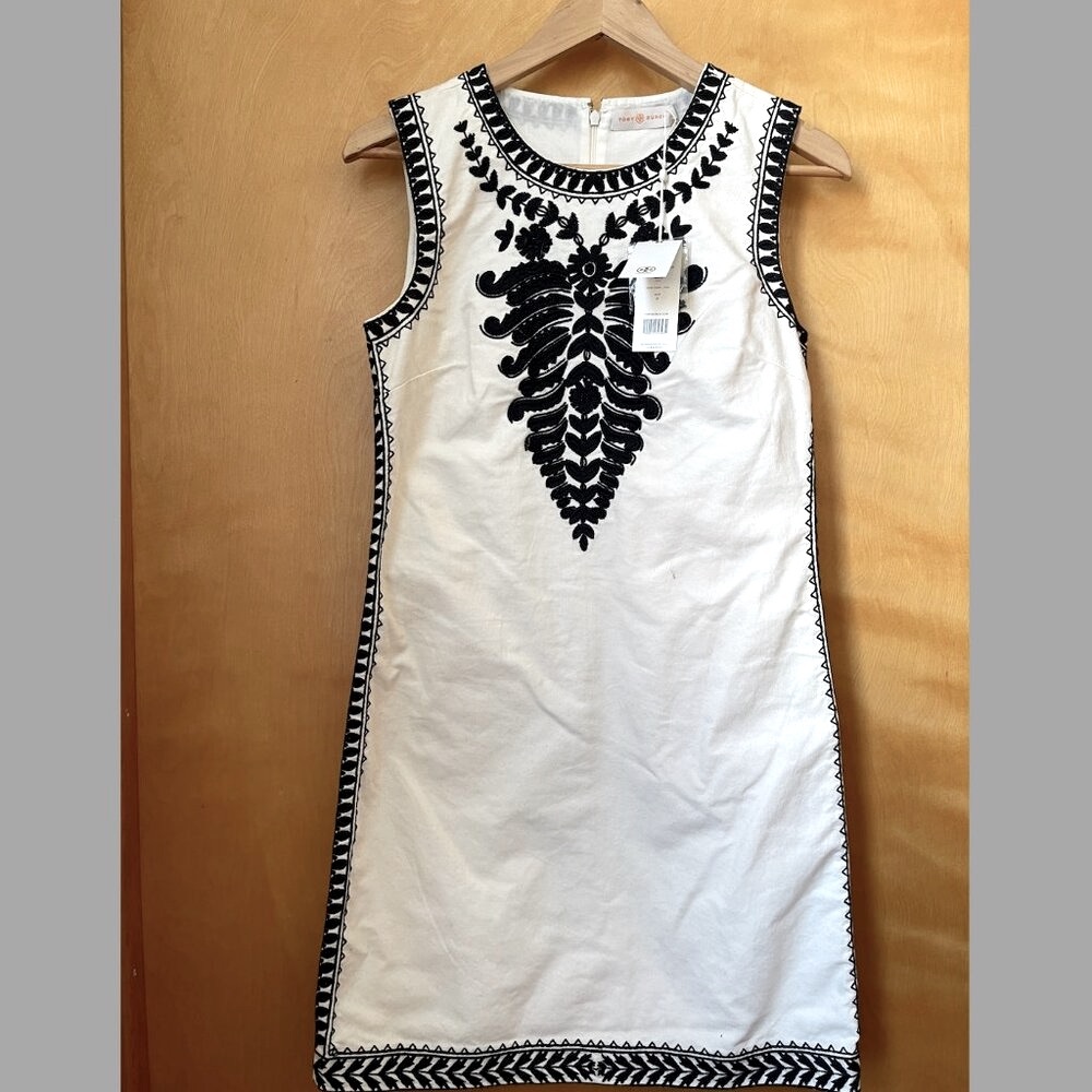 NWT Tory Burch Black & White Camille Embroidered Linen Shift Dress Size 2